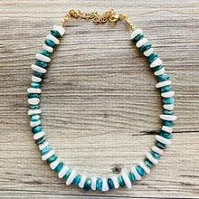 Load image into Gallery viewer, Natural Hawks Eye Emerald Chunky Statement Necklace, layering gem jewelry beaded gold single strand beaded, OOAK green white pearl gemstone