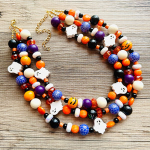 Three Strand Halloween Orange chunky Statement Necklace, orange beaded jewelry, black October necklace, ghost purple pumpkin
