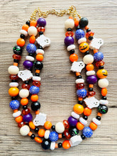 Load image into Gallery viewer, Three Strand Halloween Orange chunky Statement Necklace, orange beaded jewelry, black October necklace, ghost purple pumpkin