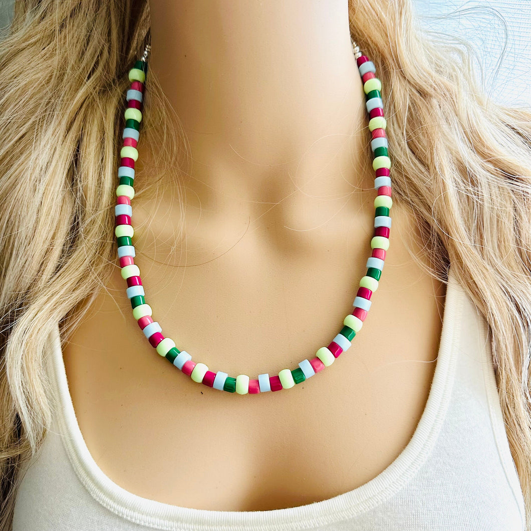 Fruit Stripe Gum Layering Rainbow Ombré Beaded 1 Strand Necklace, Colorful Jewelry, statement jelly bean necklace confetti