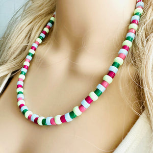 Fruit Stripe Gum Layering Rainbow Ombré Beaded 1 Strand Necklace, Colorful Jewelry, statement jelly bean necklace confetti