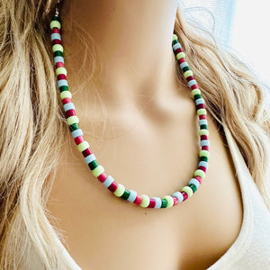 Fruit Stripe Gum Layering Rainbow Ombré Beaded 1 Strand Necklace, Colorful Jewelry, statement jelly bean necklace confetti