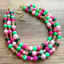 Load image into Gallery viewer, Watermelon popsicle OOAK chunky beaded statement necklace, neon pink mint lime raspberry necklace jewelry, beaded vacation necklace