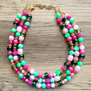 Watermelon popsicle OOAK chunky beaded statement necklace, neon pink mint lime raspberry necklace jewelry, beaded vacation necklace