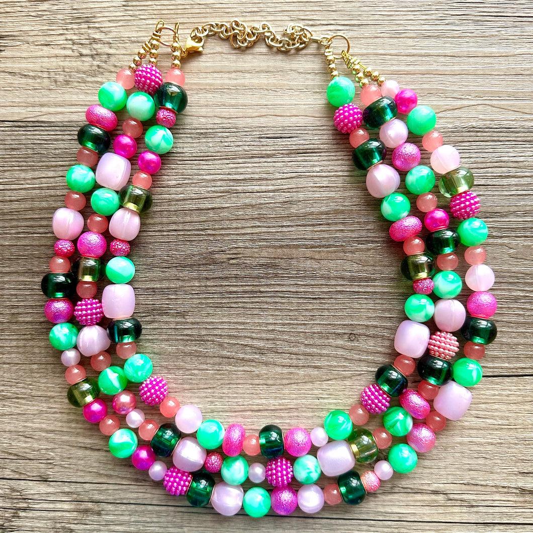 Watermelon popsicle OOAK chunky beaded statement necklace, neon pink mint lime raspberry necklace jewelry, beaded vacation necklace