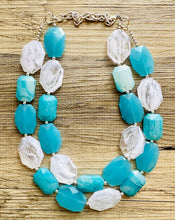 Load image into Gallery viewer, Aqua Blue Double Strand Statement Necklace, Chunky light blue Oval Beaded Bib Jewelry, blue jewelry, baby blue jewlery necklace