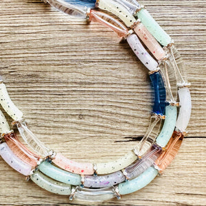 Summer Suncatcher Chunky Statement Necklace, pink purple blue beaded jewelry, Multi Strand Bib clear Resin Beaded necklace yellow tube
