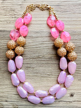 Load image into Gallery viewer, Blush Pink Necklace, multi strand jewelry, big beaded chunky statement necklace, gold jewelry, bridesmaid necklace, bib necklace