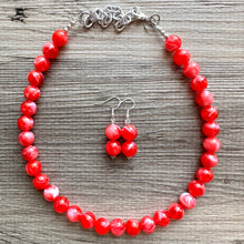 Load image into Gallery viewer, Bright Red Single Strand Big Beaded Statement Necklace, red beaded necklace, red bridesmaid necklace jewelry, red drop earrings