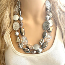 Load image into Gallery viewer, Gray Ombré Chunky Statement Necklace, multi Strand Beaded Jewelry, cadet blue jewelry, 3 strand chunky bib silver gem bead set