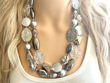Load image into Gallery viewer, Gray Ombré Chunky Statement Necklace, multi Strand Beaded Jewelry, cadet blue jewelry, 3 strand chunky bib silver gem bead set