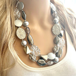 Gray Ombré Chunky Statement Necklace, multi Strand Beaded Jewelry, cadet blue jewelry, 3 strand chunky bib silver gem bead set