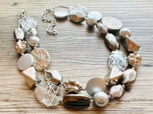 Load image into Gallery viewer, Gray Ombré Chunky Statement Necklace, multi Strand Beaded Jewelry, cadet blue jewelry, 3 strand chunky bib silver gem bead set