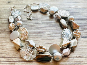 Gray Ombré Chunky Statement Necklace, multi Strand Beaded Jewelry, cadet blue jewelry, 3 strand chunky bib silver gem bead set