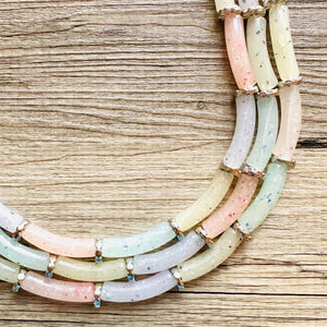 Summer Lemonade Chunky Statement Necklace, pink purple blue beaded jewelry, Multi Strand Bib clear Resin Beaded necklace yellow tube