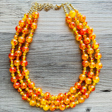 Load image into Gallery viewer, Fire Island Marigold Chunky Statement Necklace, Big beaded jewelry, multi Strand Statement Necklace, Bib necklace, yellow red orange