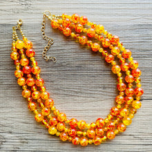 Load image into Gallery viewer, Fire Island Marigold Chunky Statement Necklace, Big beaded jewelry, multi Strand Statement Necklace, Bib necklace, yellow red orange