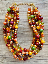 Load image into Gallery viewer, November Leaves Chunky Statement Necklace Beaded Jewelry, fall orange yellow orange mustard bridesmaid bib wedding gold clear resin