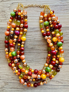 November Leaves Chunky Statement Necklace Beaded Jewelry, fall orange yellow orange mustard bridesmaid bib wedding gold clear resin