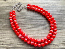 Load image into Gallery viewer, Cherry Red 2 Strand Big Beaded Statement Necklace, red beaded necklace, bridesmaid jewelry, red drop earrings bright tart white swirl