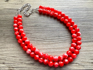 Cherry Red 2 Strand Big Beaded Statement Necklace, red beaded necklace, bridesmaid jewelry, red drop earrings bright tart white swirl