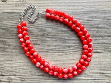 Load image into Gallery viewer, Cherry Red 2 Strand Big Beaded Statement Necklace, red beaded necklace, bridesmaid jewelry, red drop earrings bright tart white swirl