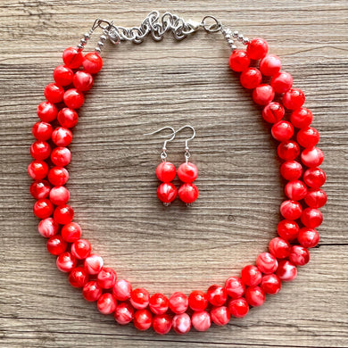 Cherry Red 2 Strand Big Beaded Statement Necklace, red beaded necklace, bridesmaid jewelry, red drop earrings bright tart white swirl