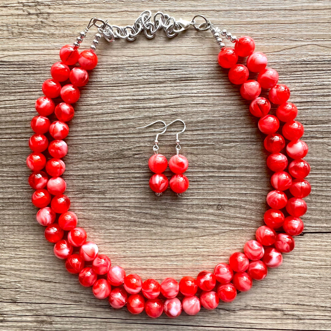 Cherry Red 2 Strand Big Beaded Statement Necklace, red beaded necklace, bridesmaid jewelry, red drop earrings bright tart white swirl