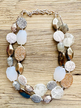 Load image into Gallery viewer, Silver Ombré Chunky Statement Necklace, multi Strand Beaded Jewelry, 2 strand chunky bib silver gem bead set gray black white shell