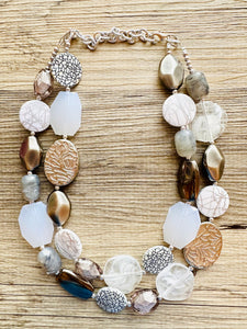 Silver Ombré Chunky Statement Necklace, multi Strand Beaded Jewelry, 2 strand chunky bib silver gem bead set gray black white shell