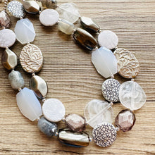 Load image into Gallery viewer, Silver Ombré Chunky Statement Necklace, multi Strand Beaded Jewelry, 2 strand chunky bib silver gem bead set gray black white shell
