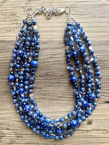 Midnight Rain Necklace, silver & Blue Statement Necklace, 5 strand chunky jewelry, dark blue navy gray periwinkle cadet sparkle glass