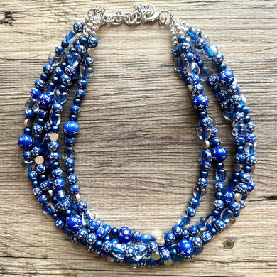 Midnight Rain Necklace, silver & Blue Statement Necklace, 5 strand chunky jewelry, dark blue navy gray periwinkle cadet sparkle glass