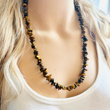 Load image into Gallery viewer, Tiger’s Eye GemStone Chunky Statement Necklace, striped gem necklace, long gem jewelry beaded agate champagne pendant brown black