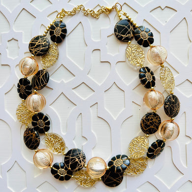 Gold & Black beaded jewelry, resin beaded necklace, neutral necklace, clear painted gold bead flower champagne tan