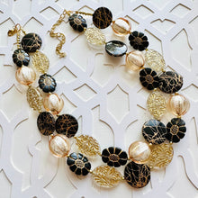 Load image into Gallery viewer, Gold &amp; Black beaded jewelry, resin beaded necklace, neutral necklace, clear painted gold bead flower champagne tan