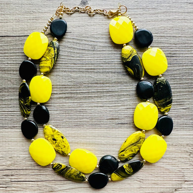 Black & yellow SWIRL Statement Necklace, chunky beaded jewelry, bumble bee black and yellow necklace, beaded jewelry, black necklace