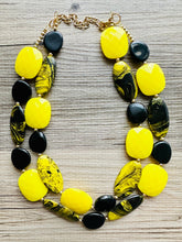 Load image into Gallery viewer, Black &amp; yellow SWIRL Statement Necklace, chunky beaded jewelry, bumble bee black and yellow necklace, beaded jewelry, black necklace