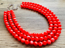 Load image into Gallery viewer, Cherry Red 3 Strand Big Beaded Statement Necklace, red beaded necklace, bridesmaid jewelry, red drop earrings bright tart white swirl