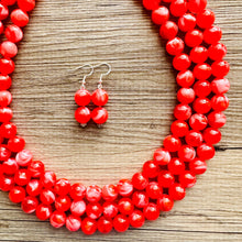 Load image into Gallery viewer, Cherry Red 3 Strand Big Beaded Statement Necklace, red beaded necklace, bridesmaid jewelry, red drop earrings bright tart white swirl