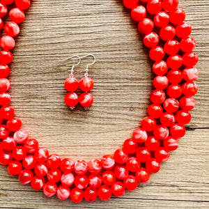 Cherry Red 3 Strand Big Beaded Statement Necklace, red beaded necklace, bridesmaid jewelry, red drop earrings bright tart white swirl