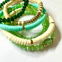 Load image into Gallery viewer, Cabana Candy Statement bracelets, chunky bold bamboo bracelet, gold colorful beaded jewelry, chunky geometric green neutral mint emerald