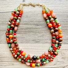 Load image into Gallery viewer, East Coast in Fall chunky necklace, Warm Neutral beaded jewelry, resin beaded Ombré necklace red yellow orange brown olive gold RoseGold