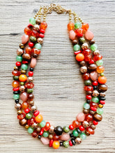 Load image into Gallery viewer, East Coast in Fall chunky necklace, Warm Neutral beaded jewelry, resin beaded Ombré necklace red yellow orange brown olive gold RoseGold