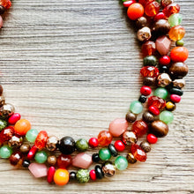 Load image into Gallery viewer, East Coast in Fall chunky necklace, Warm Neutral beaded jewelry, resin beaded Ombré necklace red yellow orange brown olive gold RoseGold