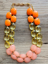 Load image into Gallery viewer, Last Summer Sunset Yellow Orange Coral Pink Chunky Statement Necklace, Big beaded jewelry, multi strand yellow jewelry earrings