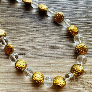 Clear & Gold Jewel Statement Necklace, Chunky 1 Strand Jewelry, gold necklace, black white bib beaded necklace thick collar bead metal