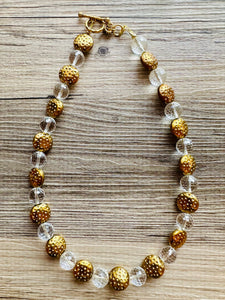 Clear & Gold Jewel Statement Necklace, Chunky 1 Strand Jewelry, gold necklace, black white bib beaded necklace thick collar bead metal