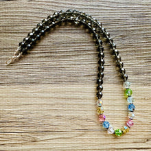 Load image into Gallery viewer, Rainbow Jewel Statement Necklace, Chunky 1 Strand Jewelry, gold necklace, black white bib beaded necklace thick collar bead metal layering