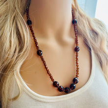 Load image into Gallery viewer, Chocolate Jewel Statement Necklace, Chunky 1 Strand Jewelry, silver necklace, brown bib beaded necklace thick collar bead metal